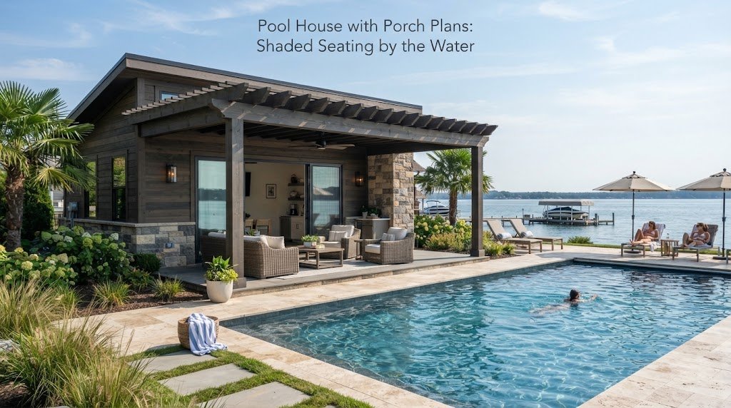 Pool House with Porch Plans: Shaded Seating by the Water