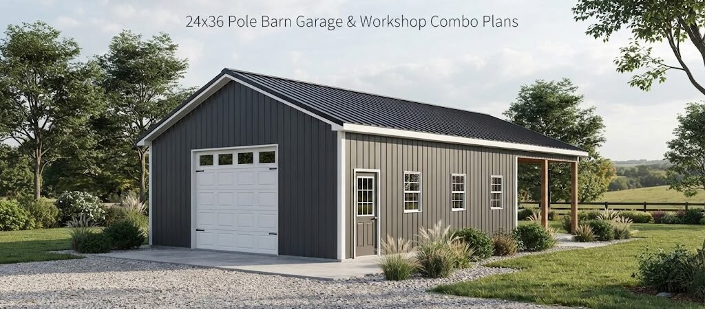 24×36 Pole Barn Garage & Workshop Combo Plans