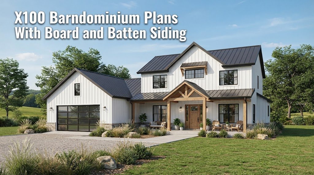 X100 Barndominium Plans with Board and Batten Siding