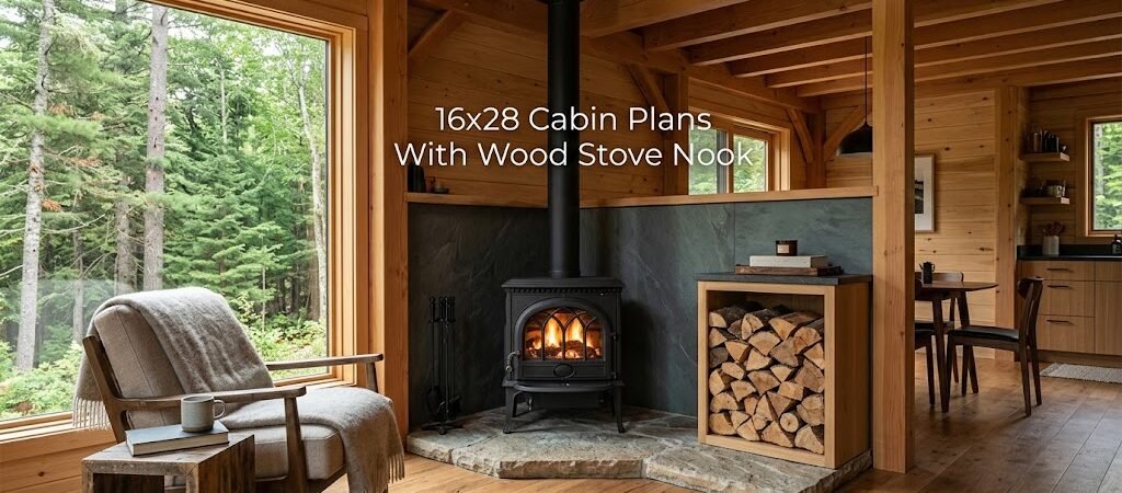 16×28 Cabin Plans with Cozy Wood Stove Nook