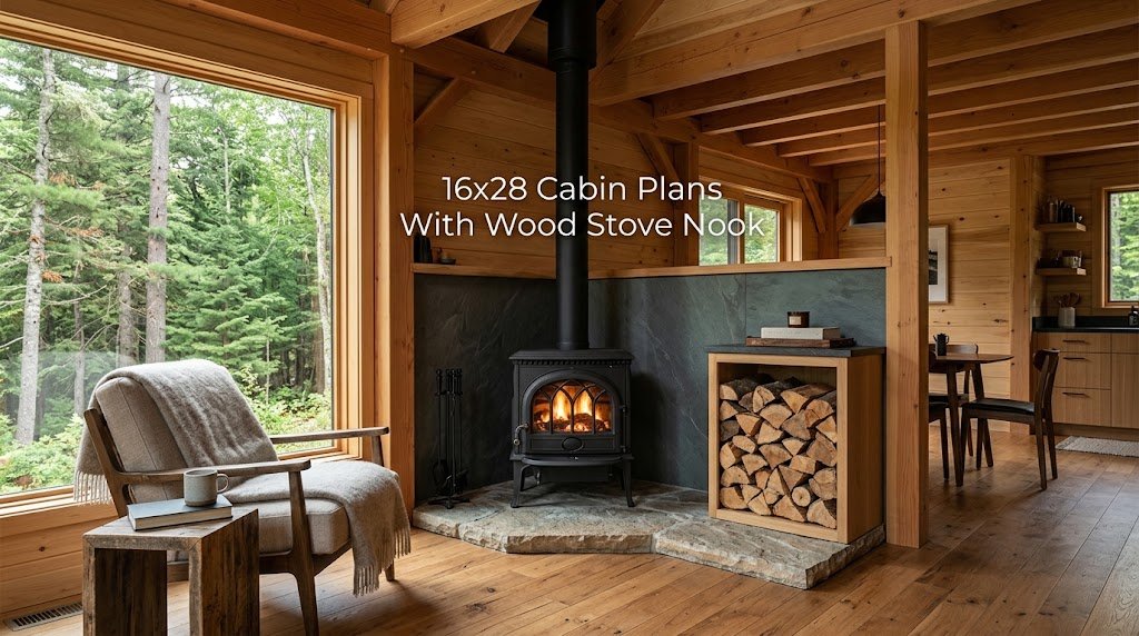 16×28 Cabin Plans with Cozy Wood Stove Nook