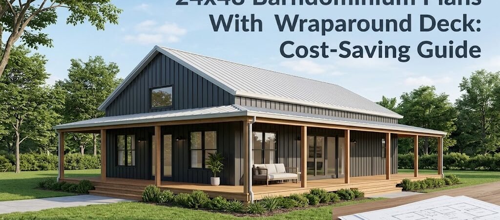 Cost-Effective 24×48 Barndominium Plans with Wraparound Deck